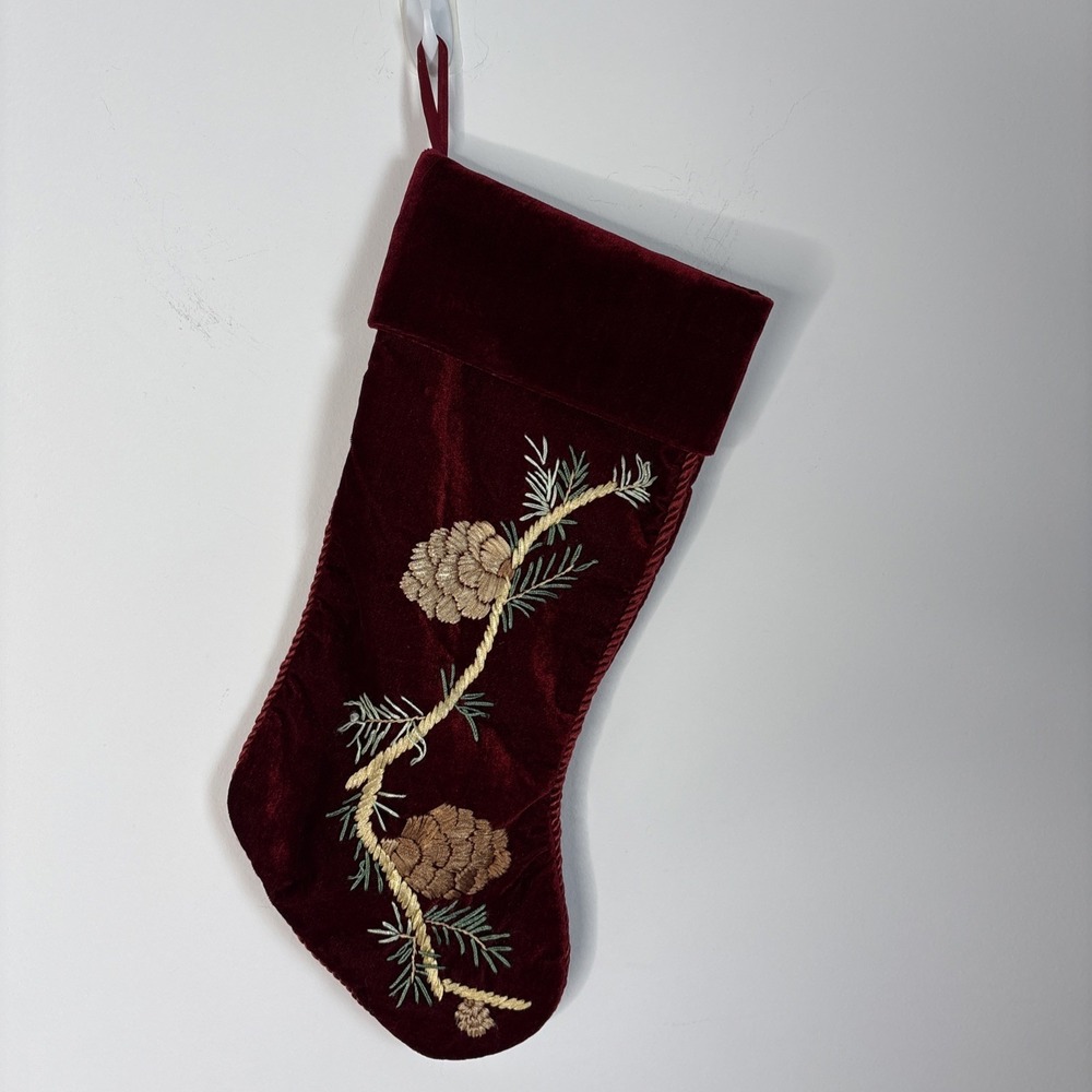 MARTHA STEWART EVERYDAY Velvet Embroidered Christmas Stocking Red Pine‎ cone EUC